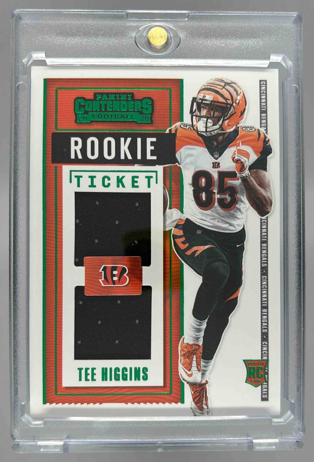 Card image for 2020 Panini Contenders Tee Higgins Rookie Ticket Dual Swatches #DS12 RC MEM Bengals