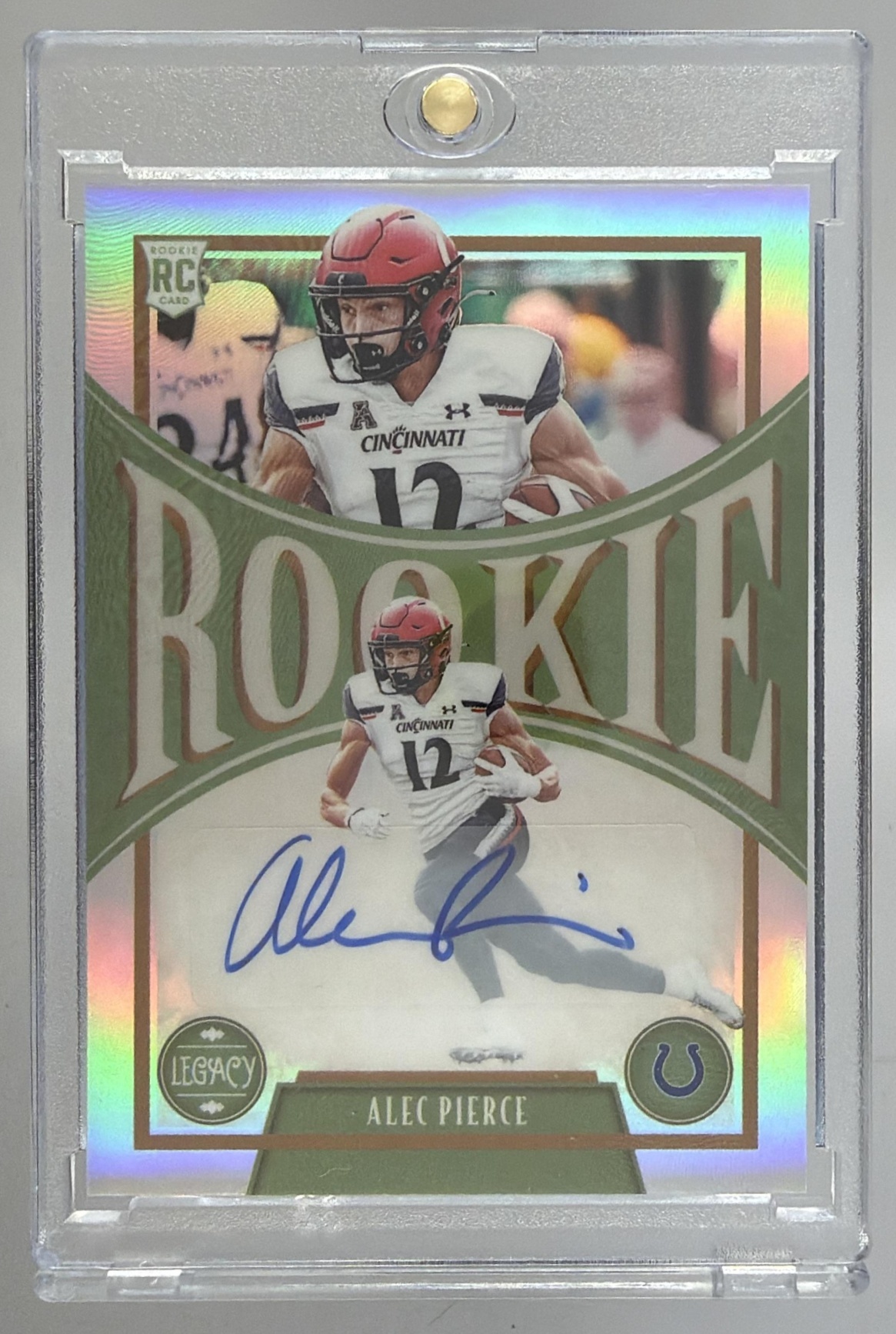 Card image for 2022 Panini Legacy Alec Pierce Rookies Penmanship Silver #197 RC Auto Colts