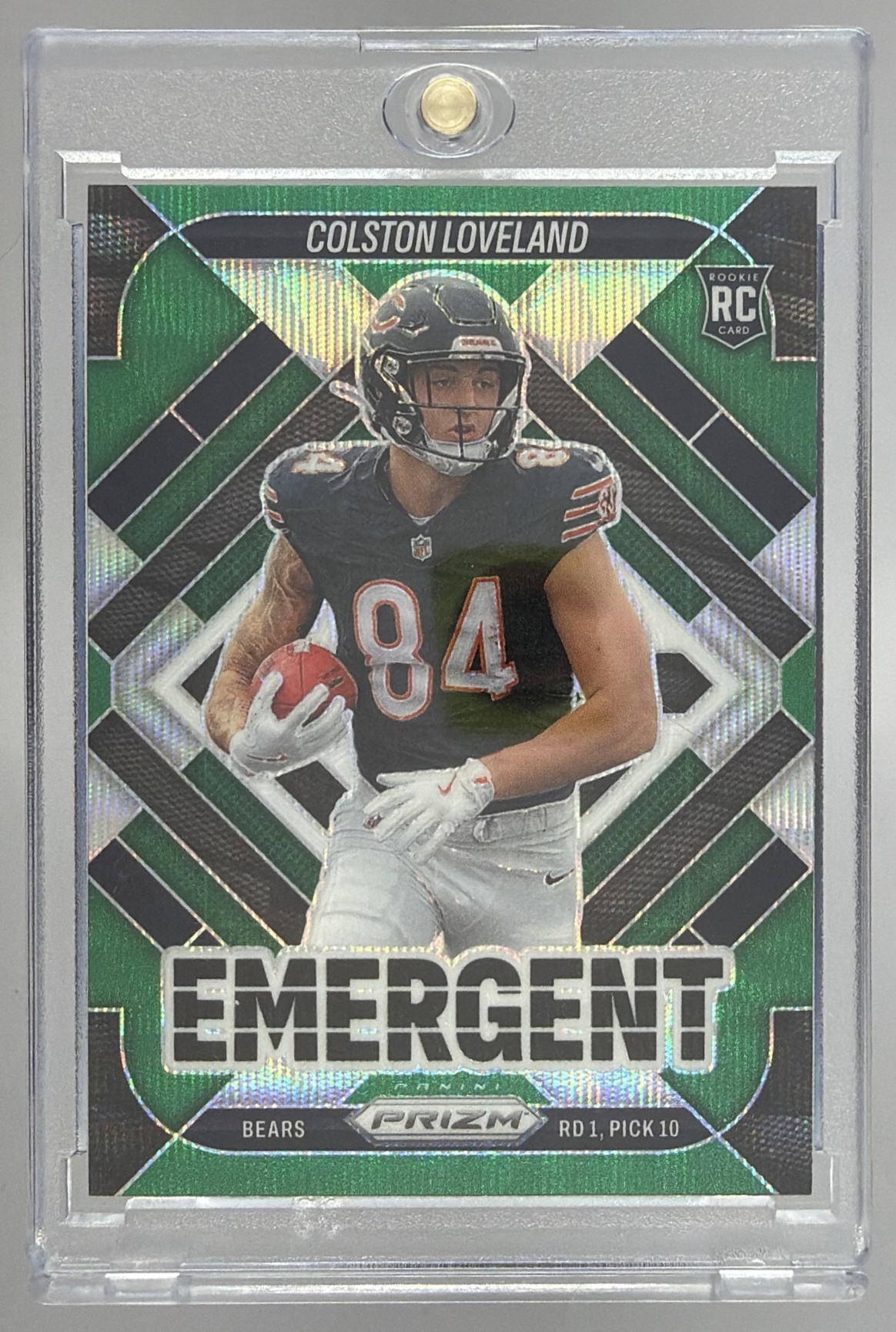 Card image for 2025 Panini Prizm Colston Loveland Prizmatic Green Wave #20 RC Bears