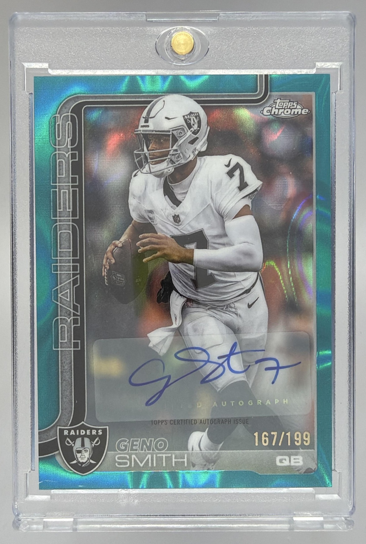 Card image for 2025 Topps Chrome Geno Smith Auto Aqua Lava Refractor /199 #BA-GS Raiders