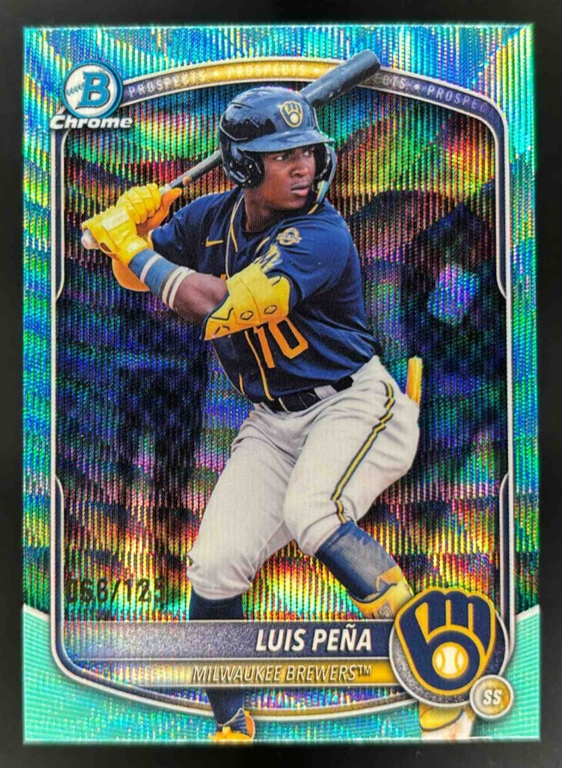 Card image for 2025 Bowman Draft Luis Pena Chrome Aqua Wave Refractor /125 #BDC-105 Brewers