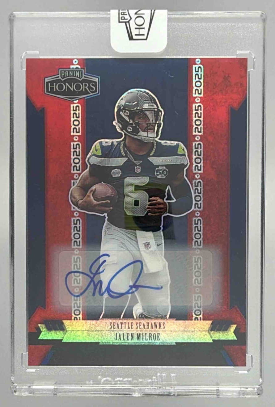 Card image for 2025 Panini Honors Jalen Milroe 2002 Rookies Signatures Red /35 #9 RC Auto Seahawks