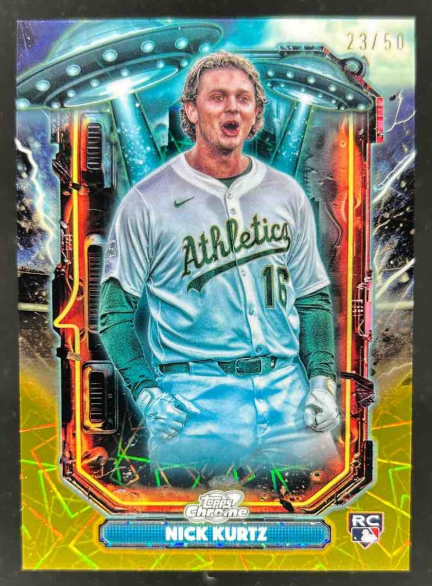 Card image for Nick Kurtz 2025 Topps Cosmic Chrome Extraterrestrial Talent Gold Interstellar Refractor /50