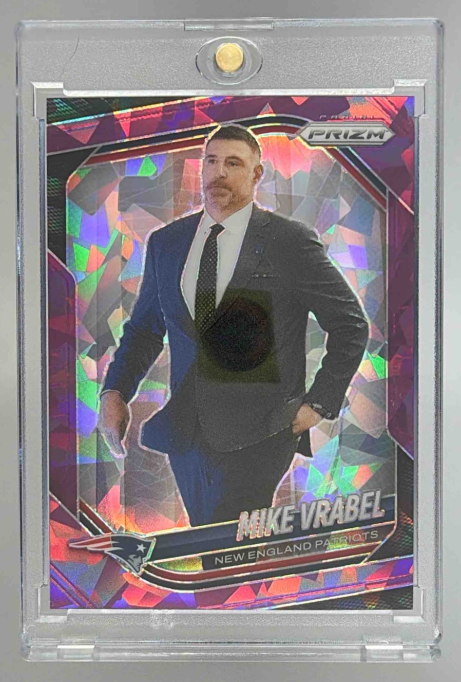 Card image for 2025 Panini Football Prizm Mike Vrabel Purple Ice /225 #110 New England Patriots