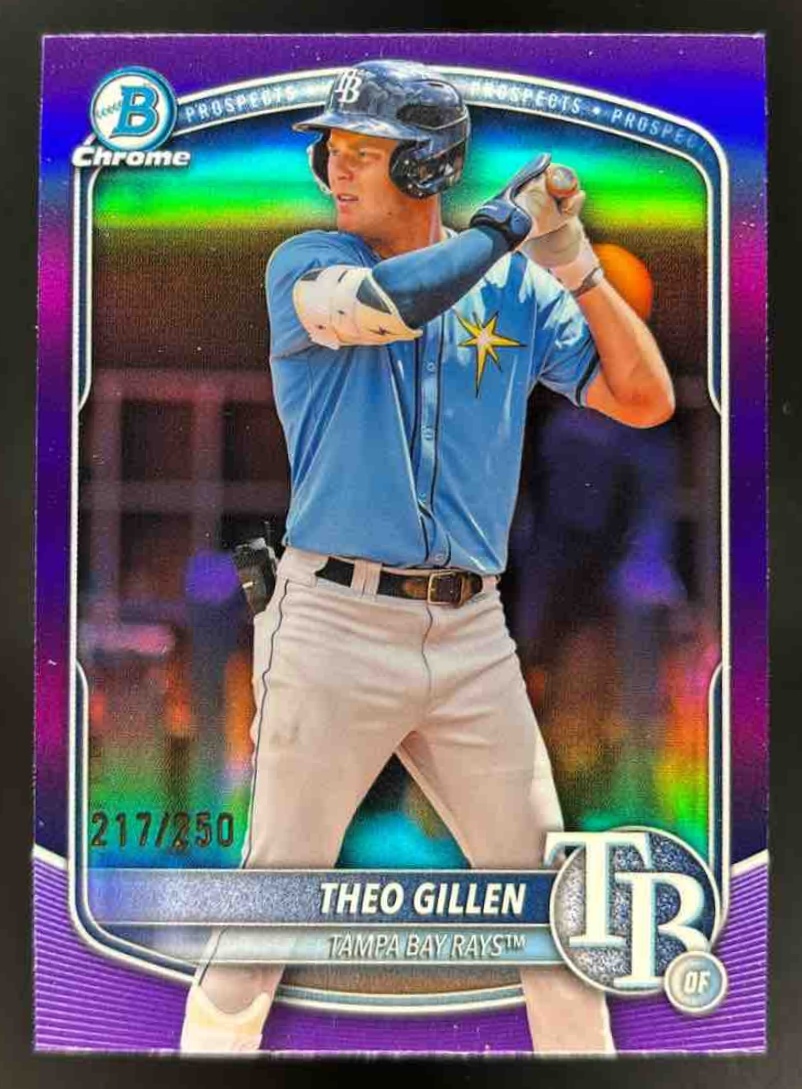 Card image for 2025 Bowman Draft Theo Gillen Chrome Purple Refractor /250 #BDC-121 Rays