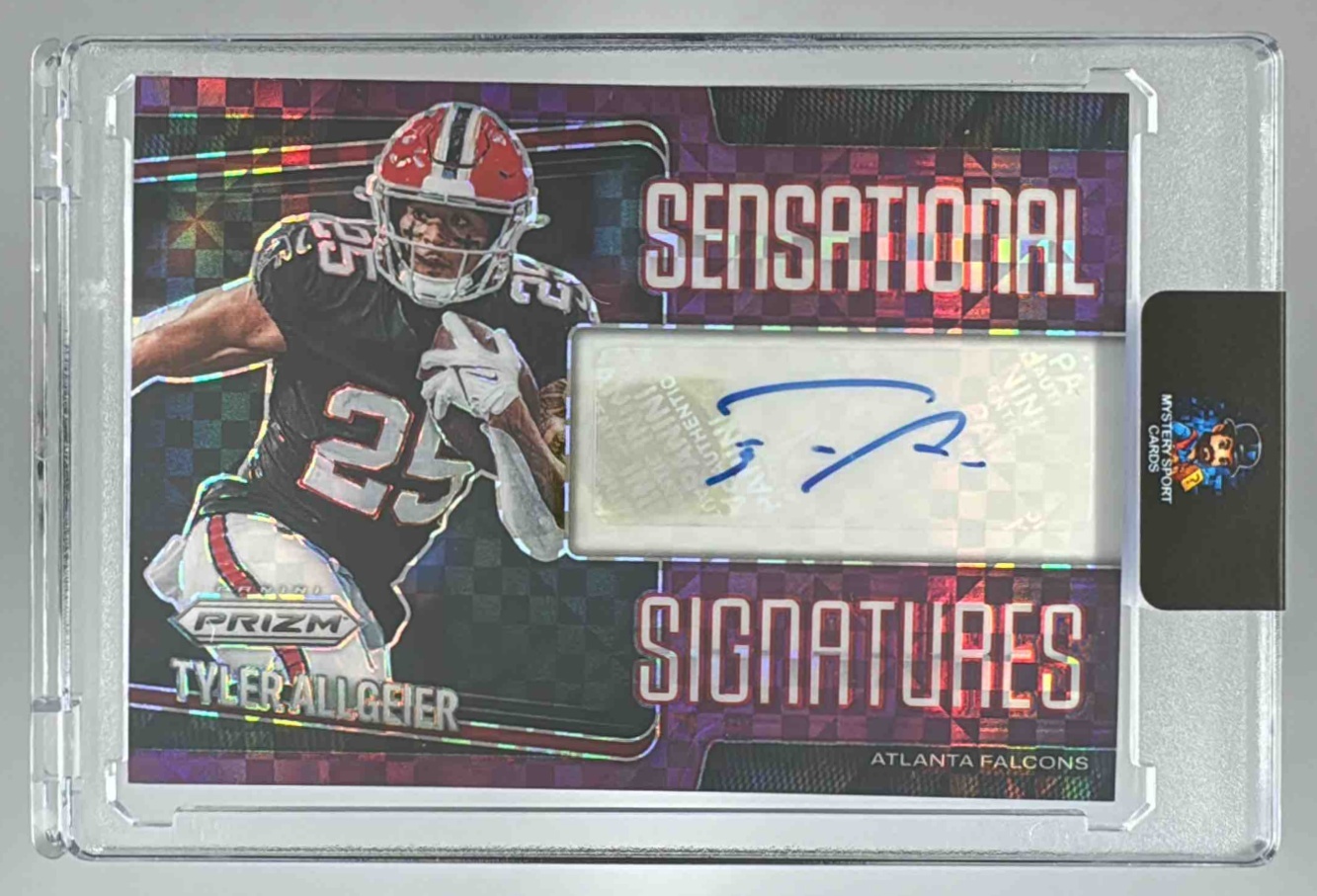 Card image for 2025 Panini Prizm Tyler Allgeier Sensational Signatures Purple Power /49 #SEN-TAR Auto Falcons