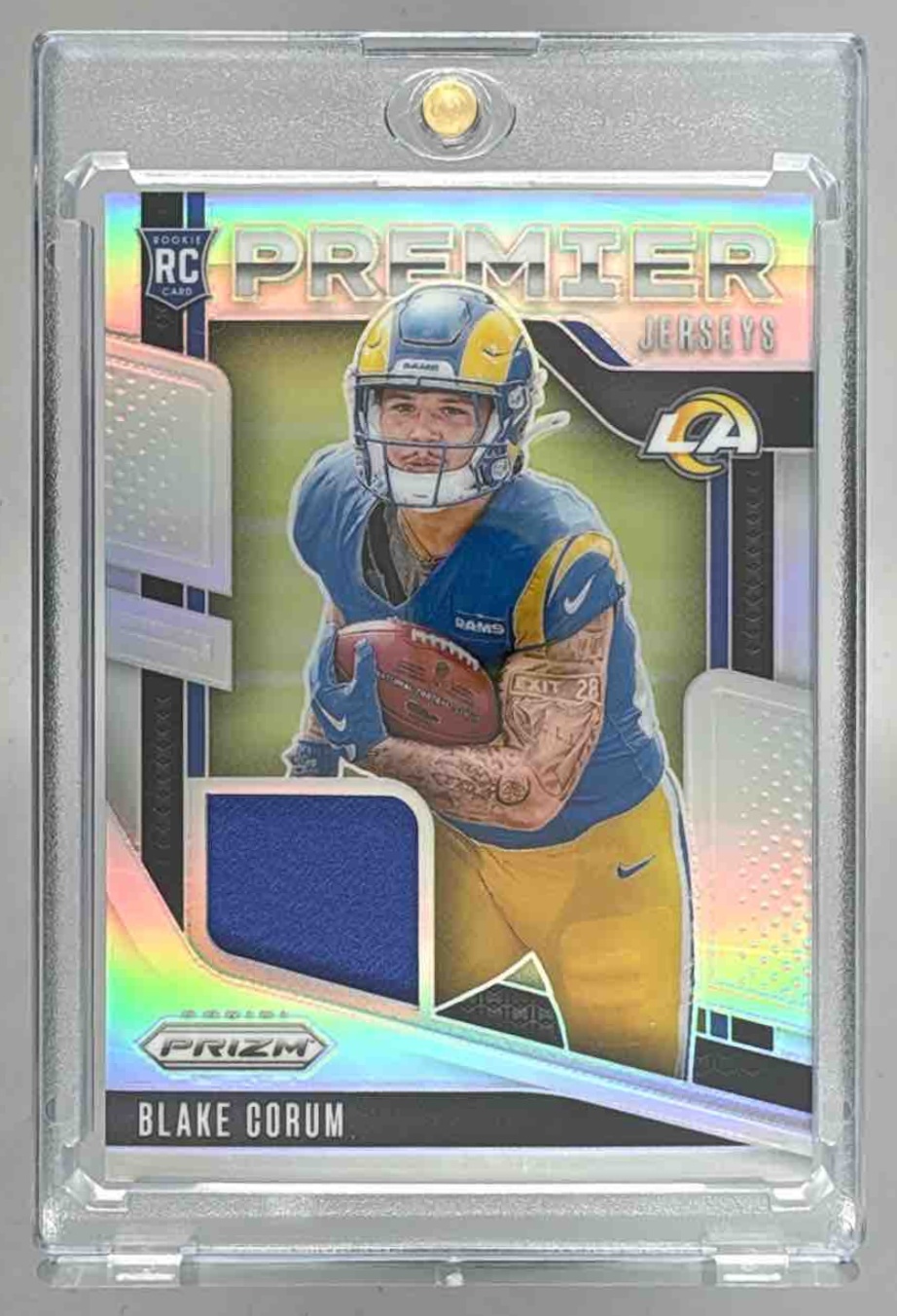 Card image for 2024 Panini Prizm Blake Corum Premier Jerseys #PJ-BCM MEM RC Rams