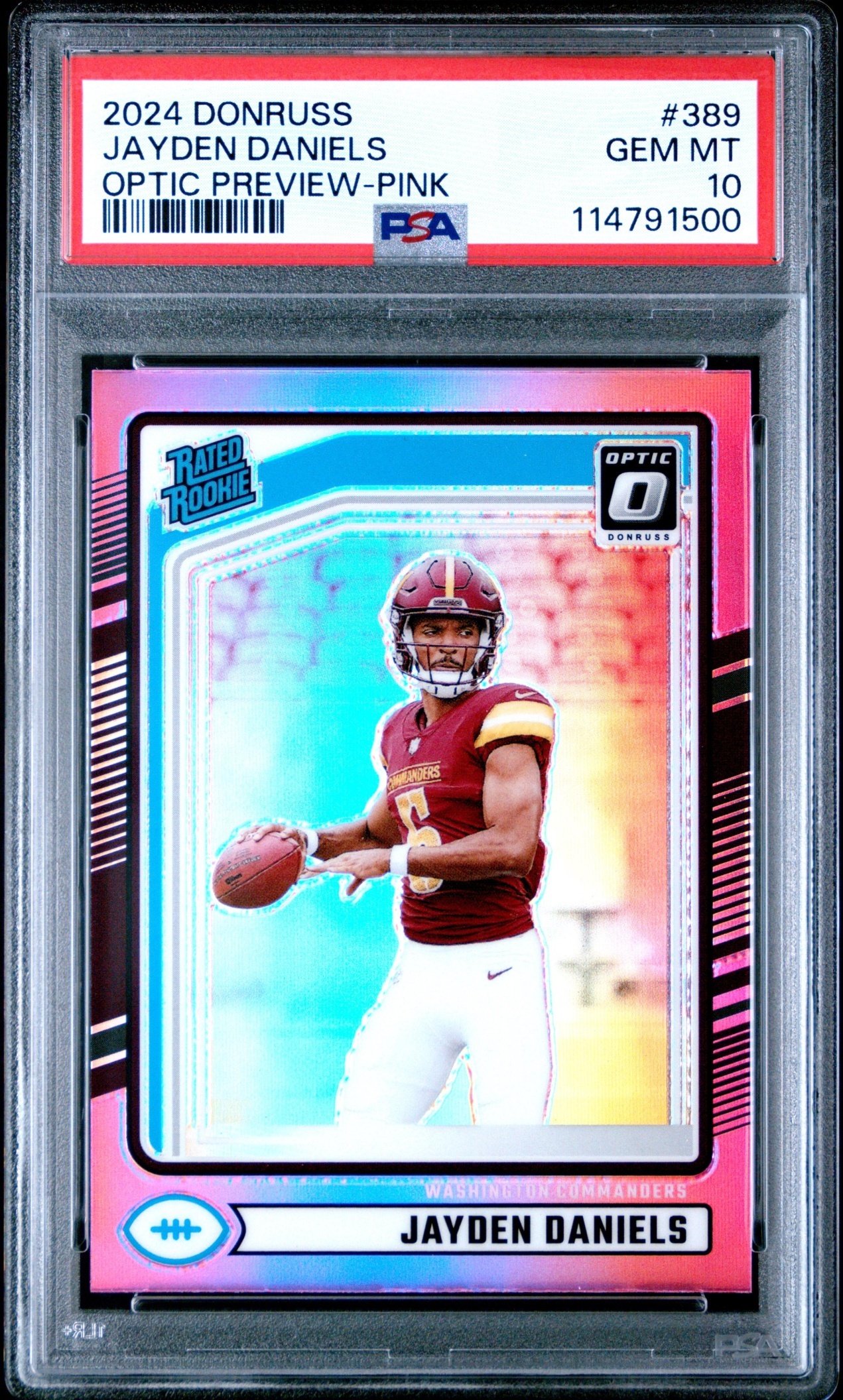 Card image for 2024 Panini Donruss Jayden Daniels Optic Rated Rookie Preview Red and Green #389 Commanders