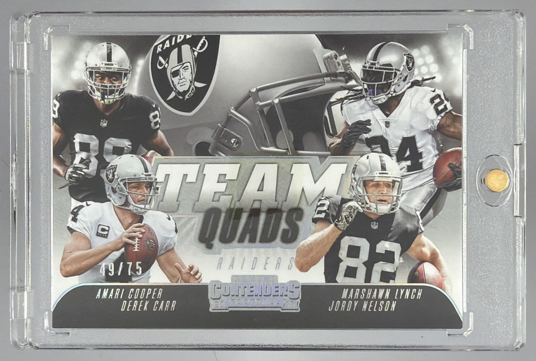 Card image for 2018 Panini Contenders Derek Carr Amari Cooper Marshawn Lynch Jordy Nelson Team Quads #TQ-7 Raiders
