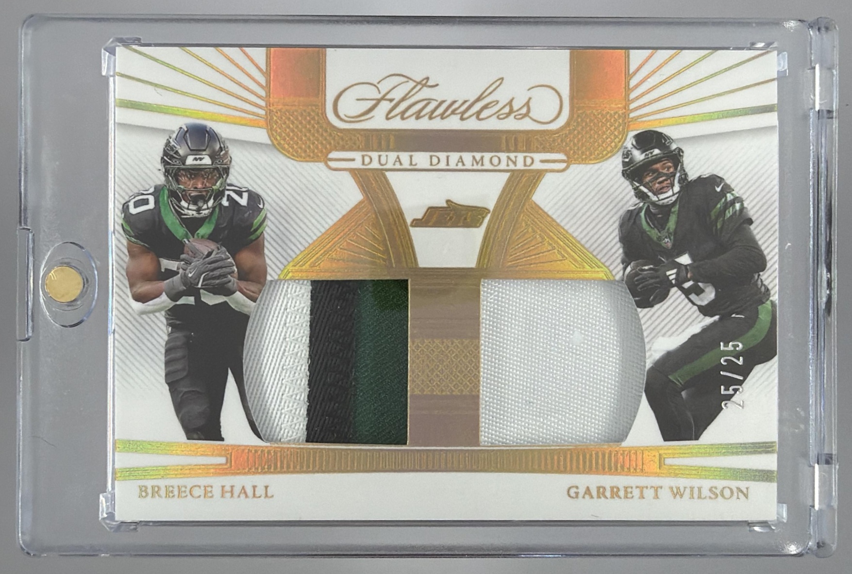 Card image for 2024 Panini Flawless Breece Hall Garrett Wilson Dual Diamond Memorabilia /25 #DDM-NYJ MEM Jets
