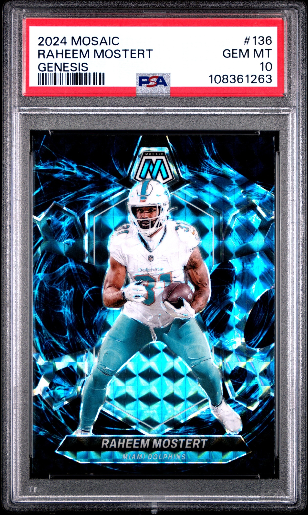 Card image for 2024 Panini Football Mosaic Raheem Mostert Genesis Prizm #136 Miami Dolphins