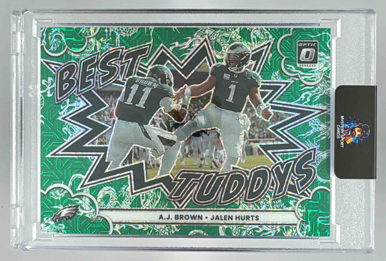 Card image for 2025 Panini Donruss Optic A.J. Brown Jalen Hurts Best Tuddys #2 Eagles