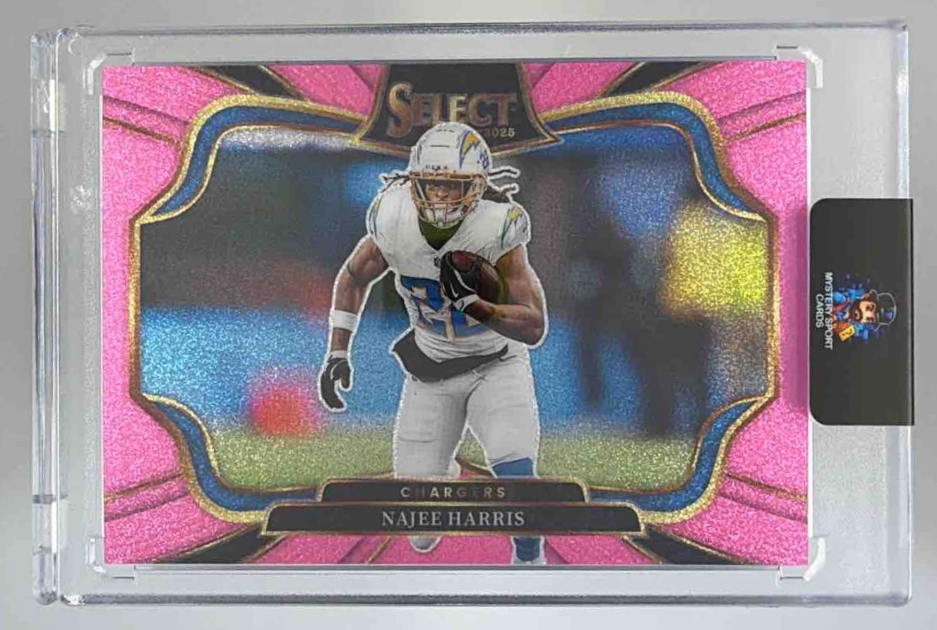 Card image for 2025 Panini Select Najee Harris Field Level Pink Glitter Prizm /15 #401 Chargers