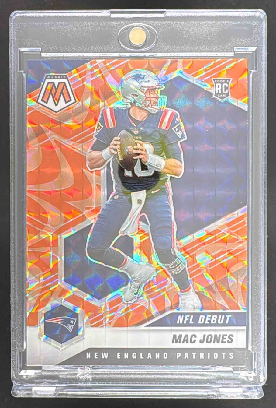 Card image for 2021 Panini Mosaic Mac Jones Prizm Reactive Orange #245 RC Patriots