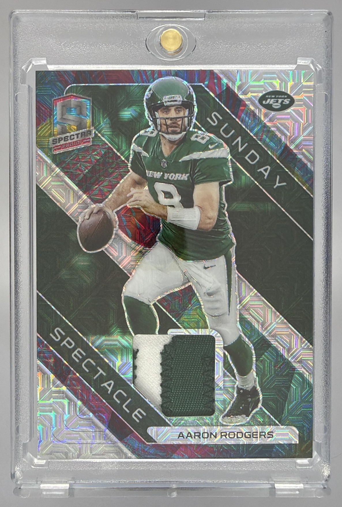 Card image for 2023 Panini Spectra Aaron Rodgers Sunday Spectacle Meta /25 #SS-ARO MEM Jets