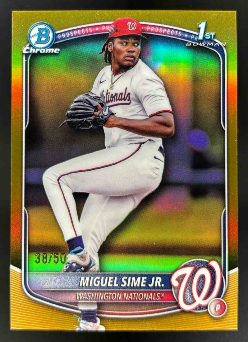 Card image for 2025 Bowman Draft Miguel Sime Jr. Chrome Gold Refractor /50 #BDC-181 Nationals