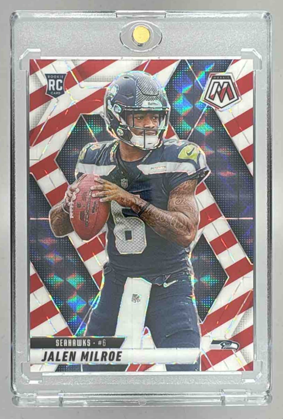 Card image for 2025 Panini Mosaic Jalen Milroe Rookies Red and White Stripe Prizm #322 RC Seahawks