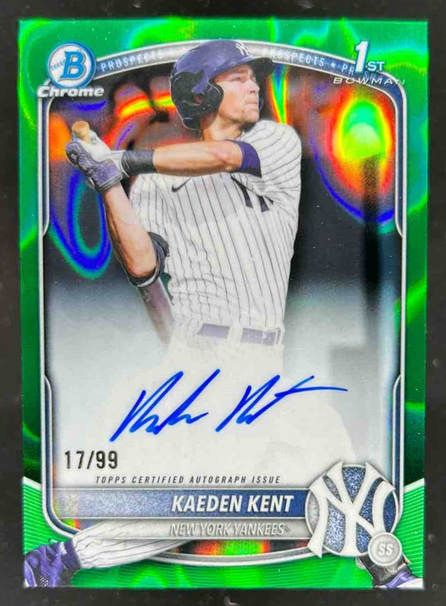 Card image for Kaeden Kent 2025 Bowman Draft Chrome Prospect Auto Green Lava Refractor /99