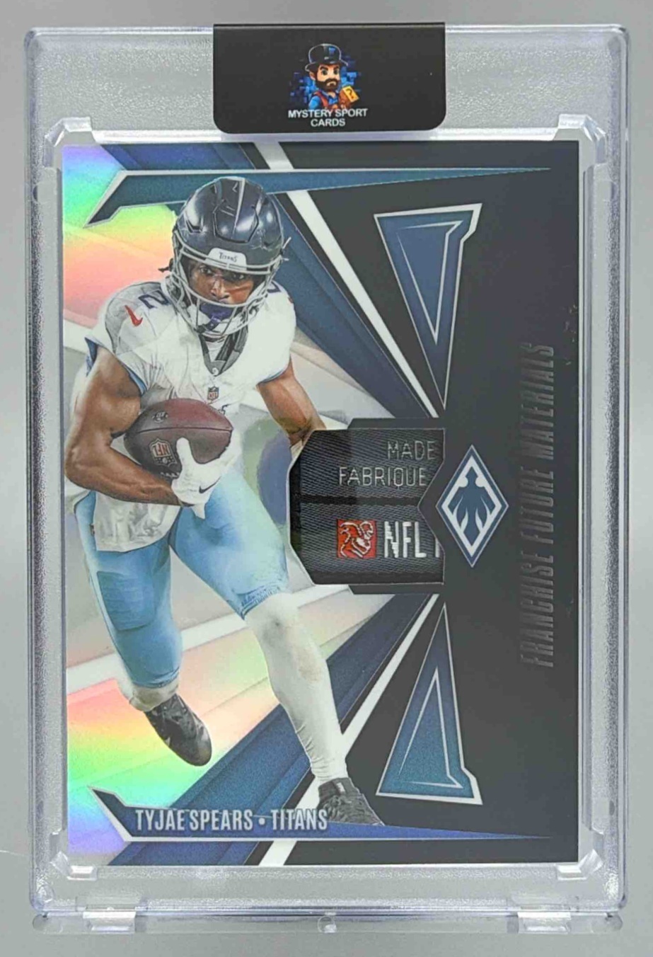 Card image for 2024 Panini Phoenix Tyjae Spears Franchise Future Material Laundry Tag Players Logo /2 #FFM-TSS MEM Titans