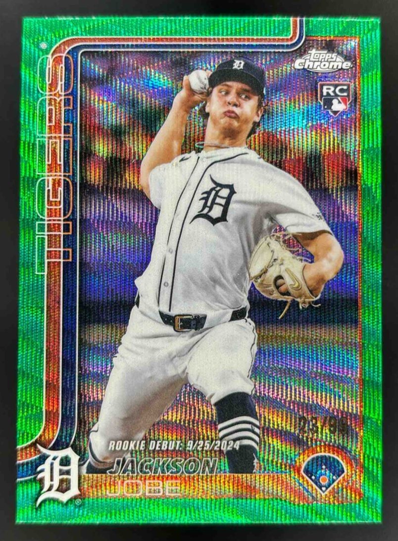 Card image for 2025 Topps Chrome Update Jackson Jobe Green Wave Refractor /99 #USC48 RC Tigers