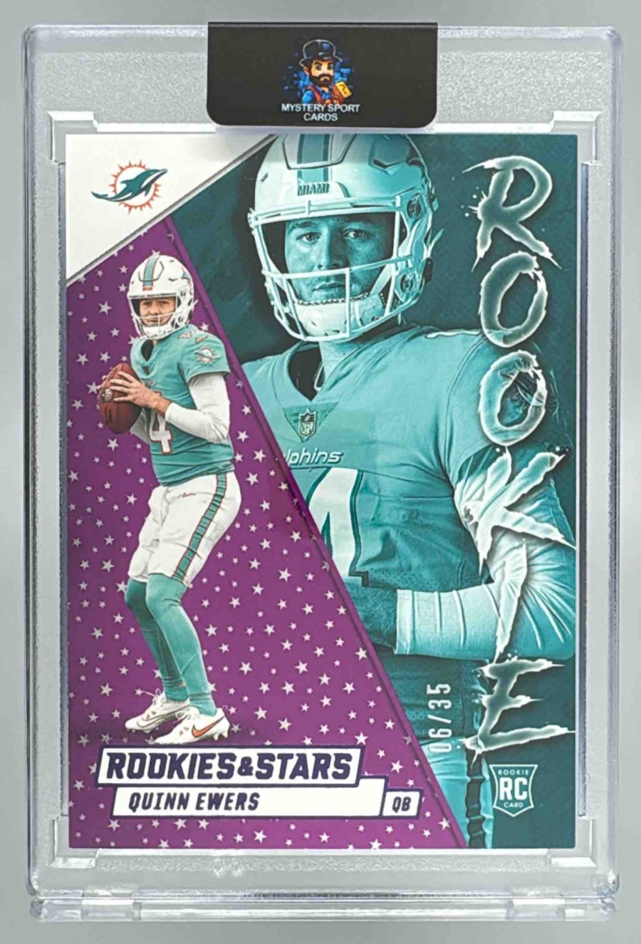 Card image for 2025 Panini Rookies & Stars Quinn Ewers Rookie Exclusive Purple /35 #18 RC Dolphins