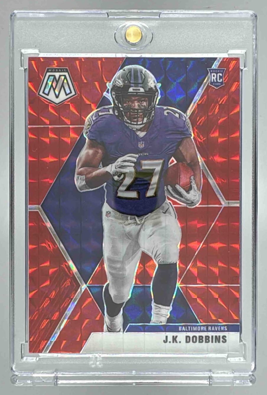 Card image for 2020 Panini Football Mosaic J.K. Dobbins Prizm Red #223 RC Baltimore Ravens