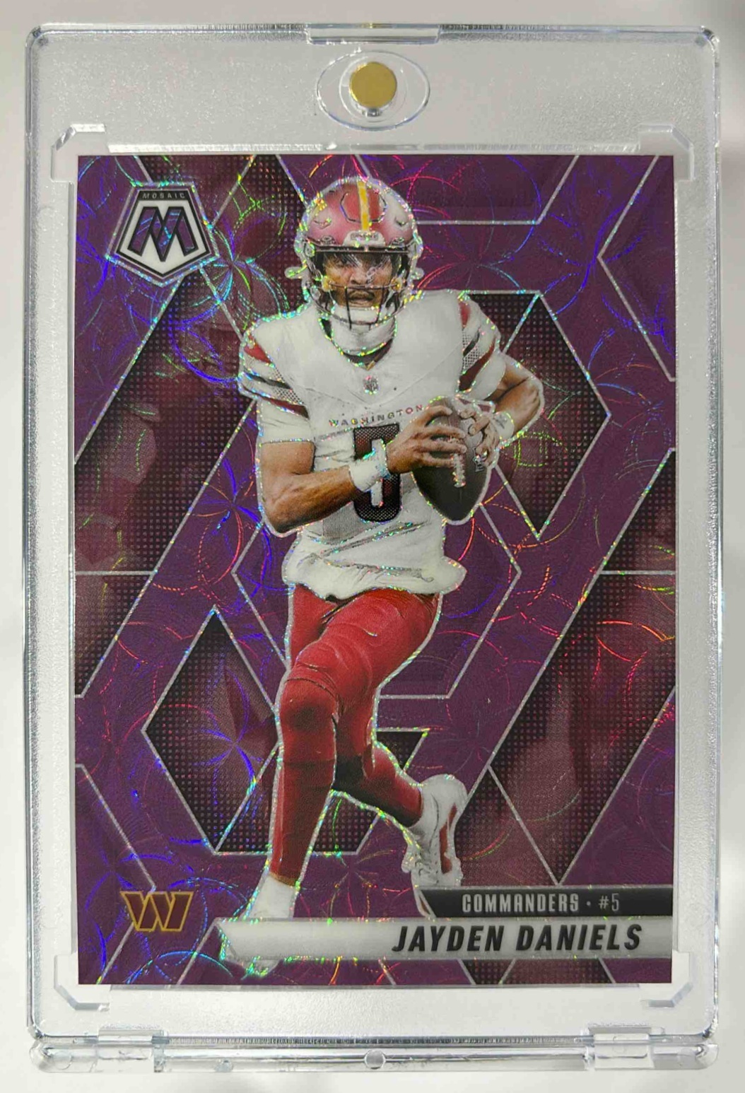 Card image for 2025 Panini Mosaic Jayden Daniels Purple Scope Prizm #232 Commanders