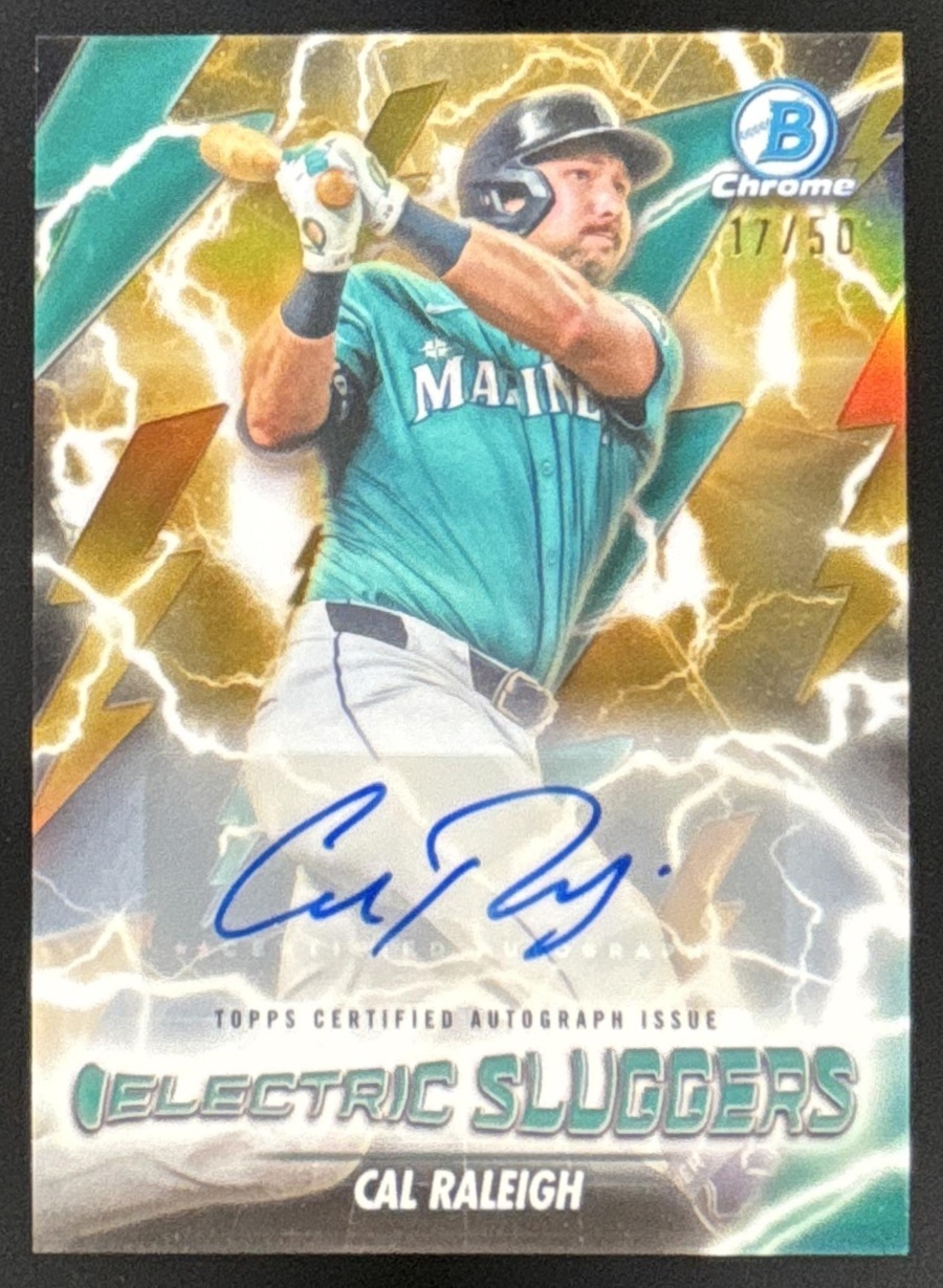 Card image for 2026 Bowman Cal Raleigh Electric Sluggers Chrome Auto Gold Refractor /50