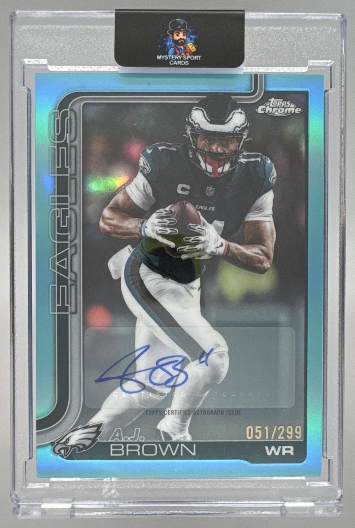 Card image for 2025 Topps Chrome A.J. Brown Auto Teal Refractor /299 #BA-AB Eagles