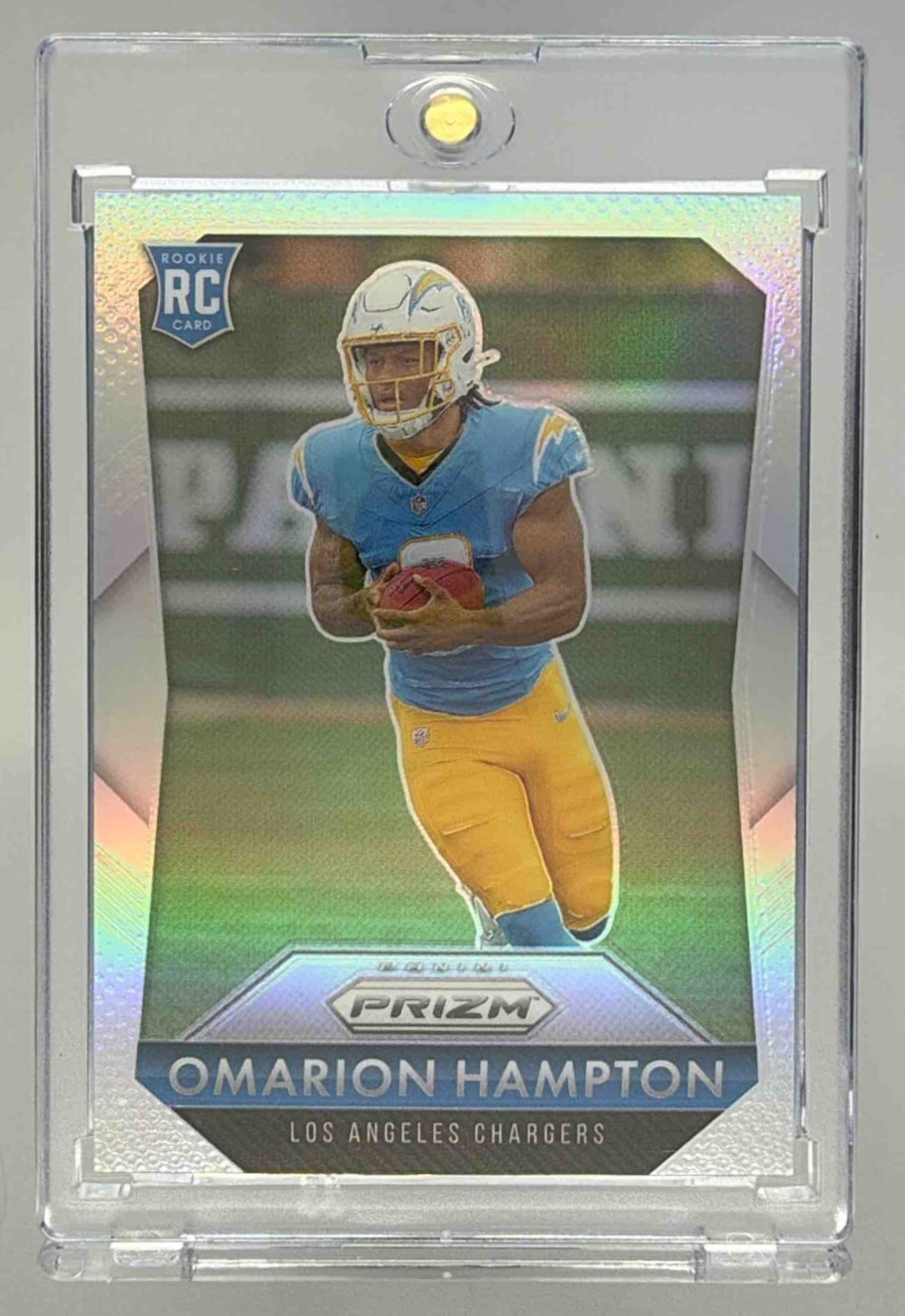 Card image for 2025 Panini Prizm Omarion Hampton Rookie Flashback Silver #9 RC Chargers
