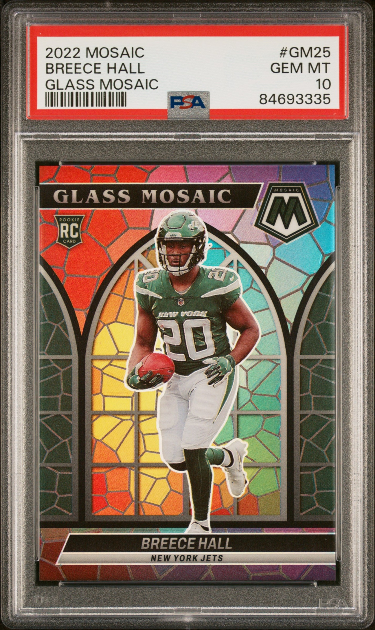 Card image for 2022 Panini Football Mosaic Breece Hall Glass Mosaic #GM-25 RC New York Jets