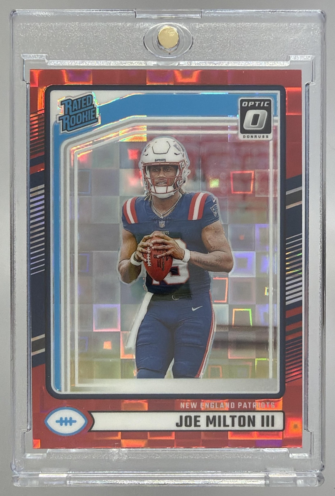 Card image for 2024 Panini Donruss Joe Milton III Optic Rated Rookie Preview Red and Green #319 Patriots