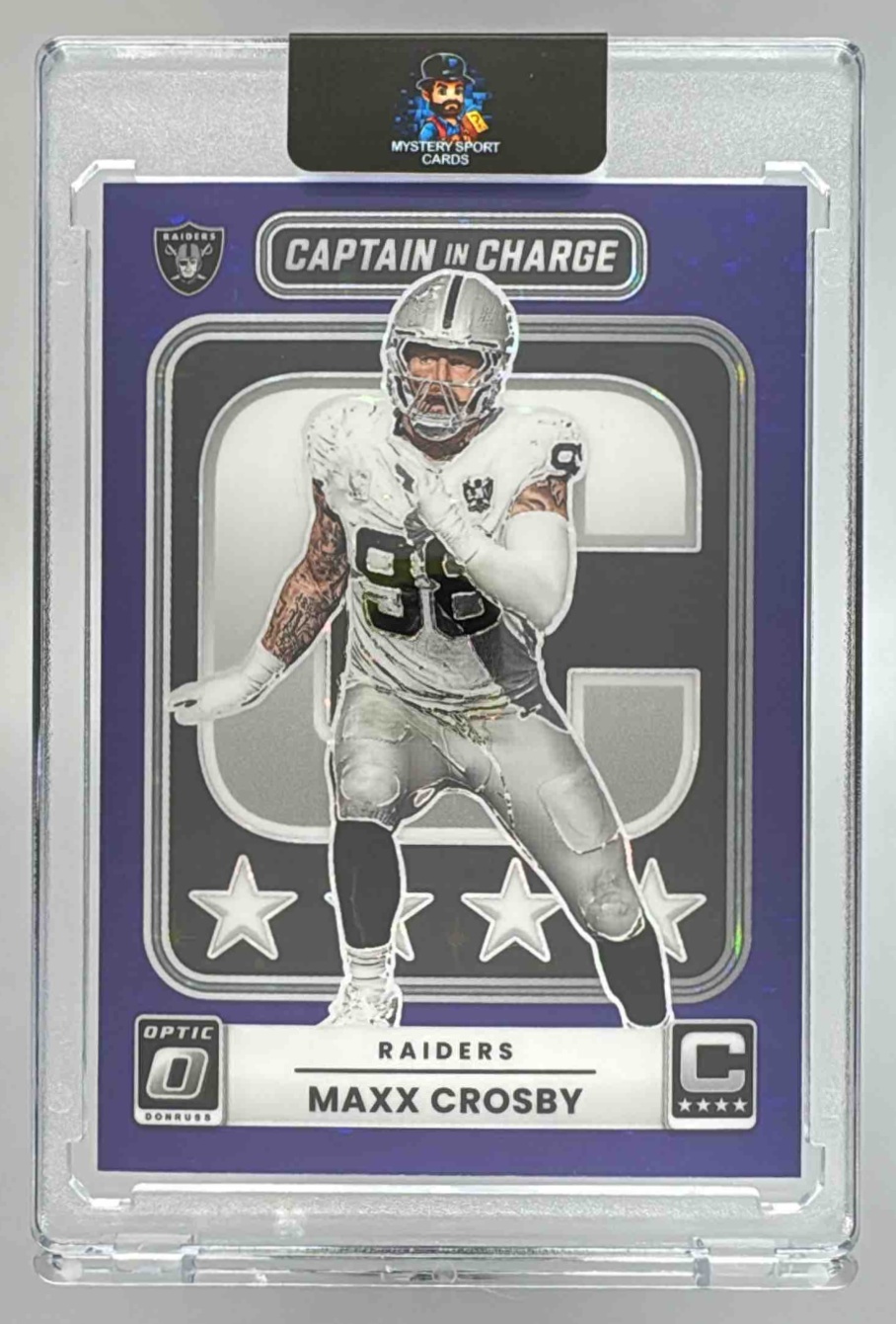 Card image for 2025 Panini Donruss Optic Maxx Crosby Captain in Charge Purple Stars Prizm /25 #4 Raiders
