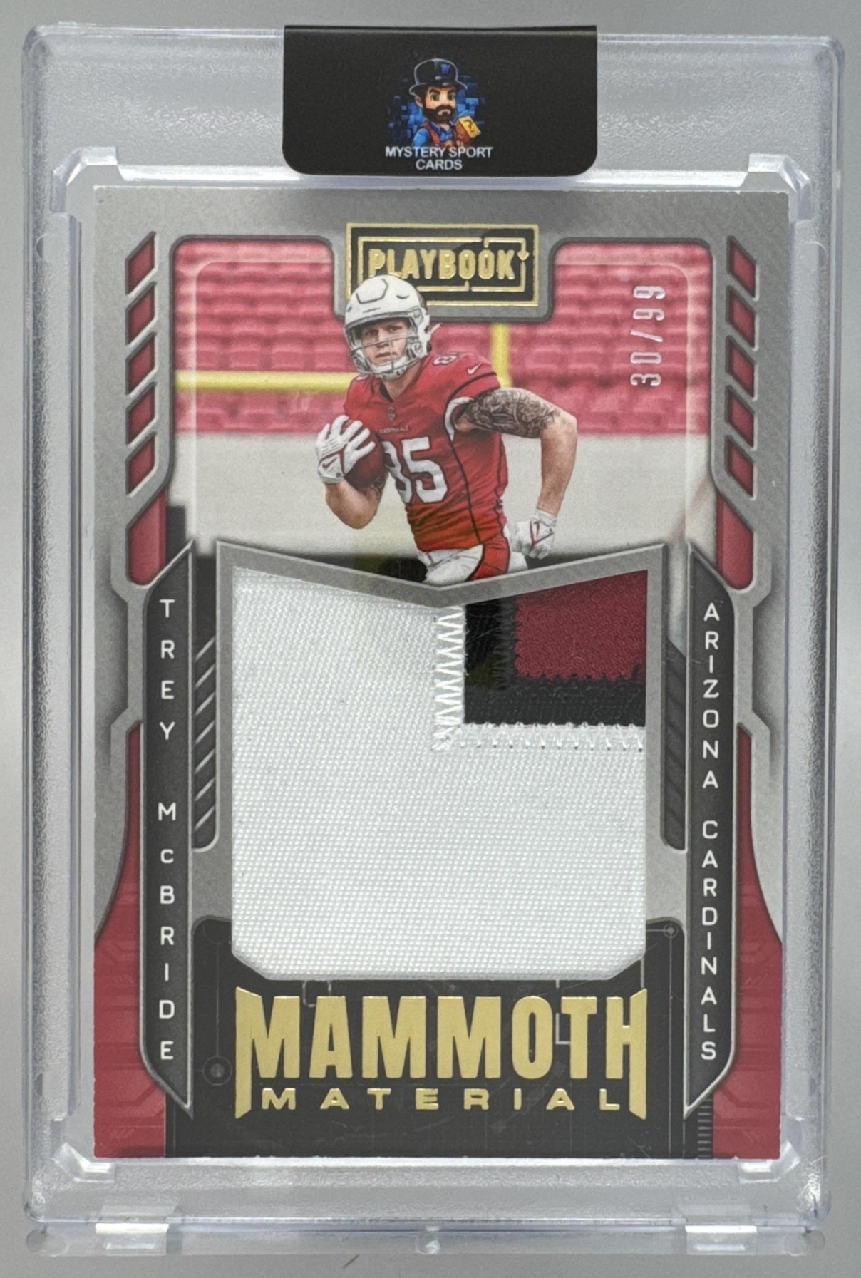 Card image for 2022 Panini Playbook Trey McBride Mammoth Material Gold /99 #MM-37 RC Cardinals