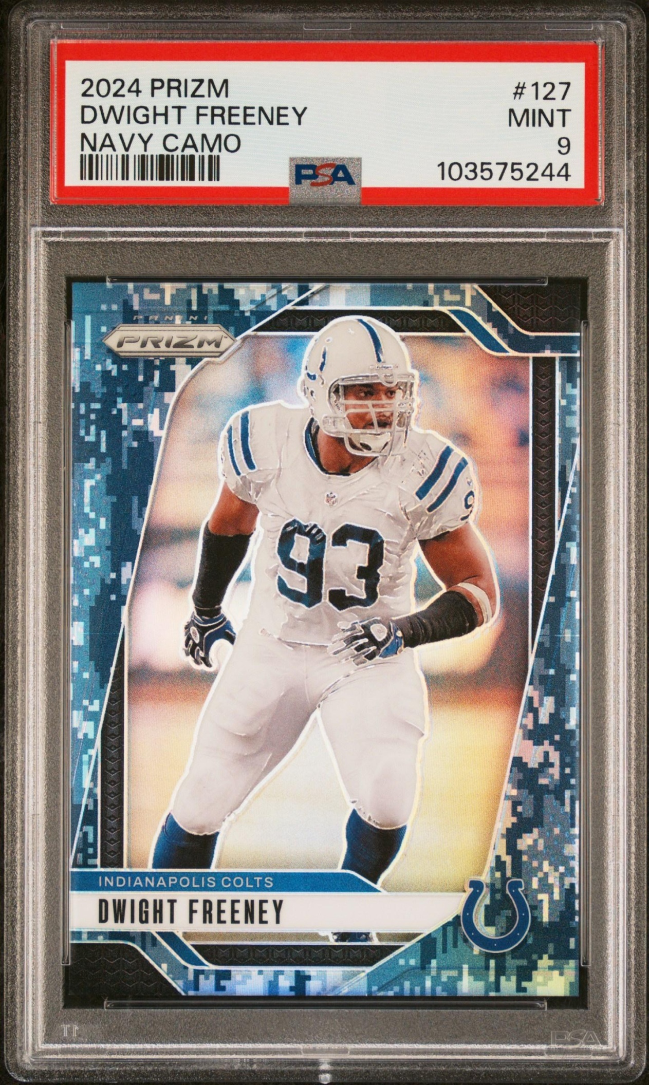 Card image for 2024 Panini Football Prizm Dwight Freeney Navy Camo /25 #127 Indianapolis Colts