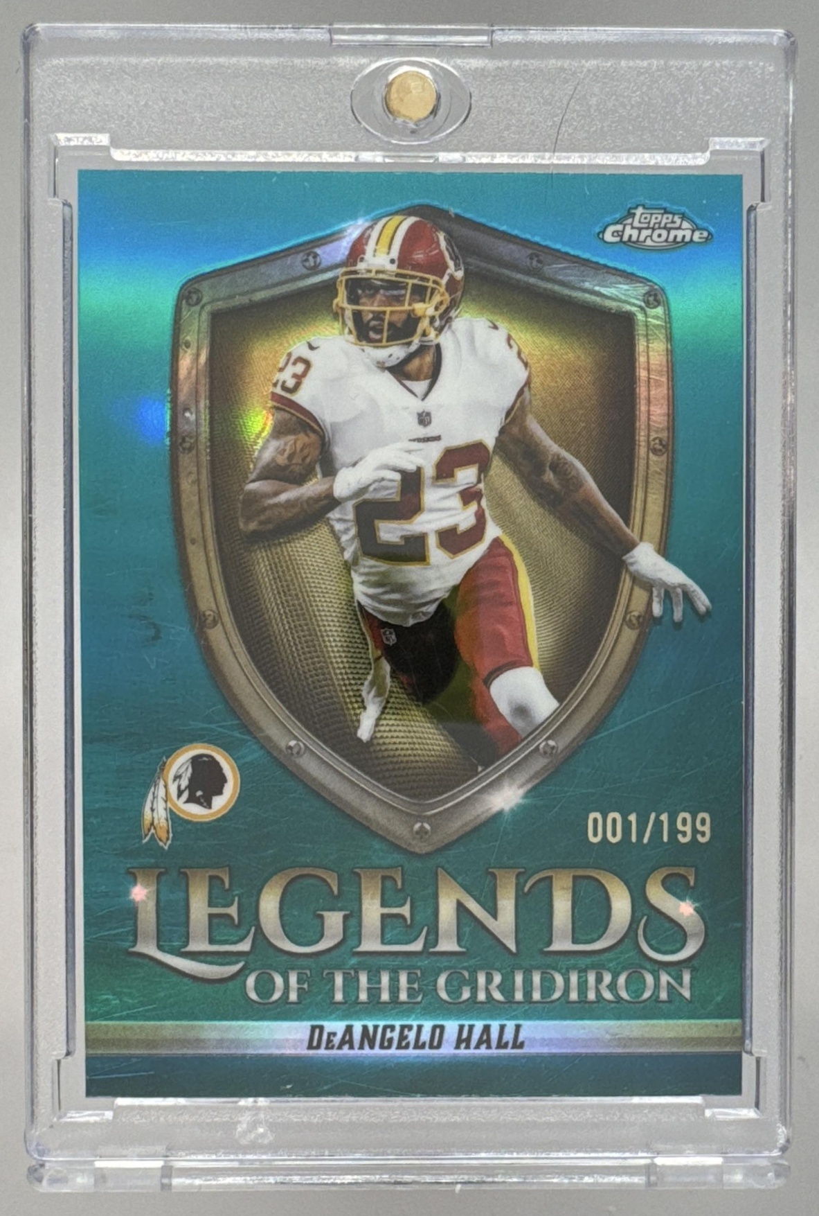 Card image for 2025 Topps Chrome DeAngelo Hall Legends of the Gridiron Aqua Refractor /199 #LOG-35 Redskins