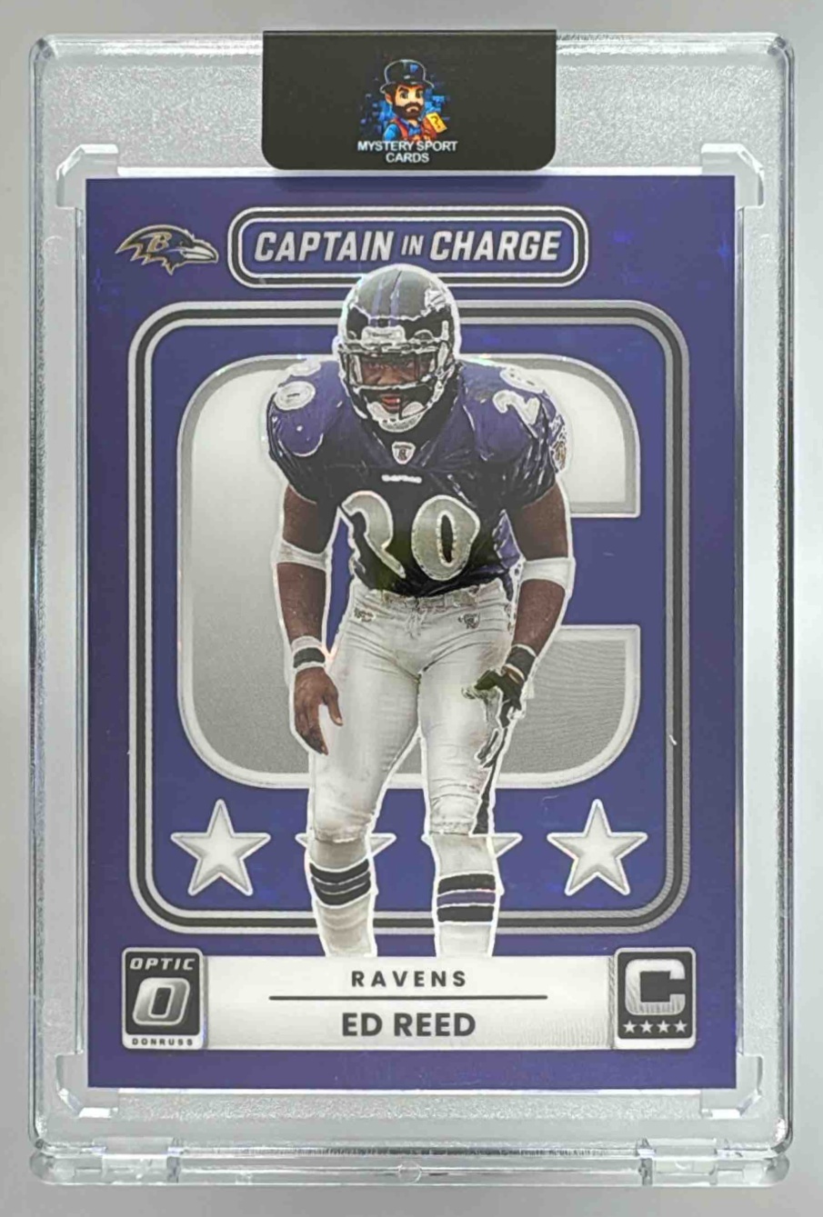 Card image for 2025 Panini Donruss Optic Ed Reed Captain in Charge Purple Stars Prizm /25 #10 Ravens