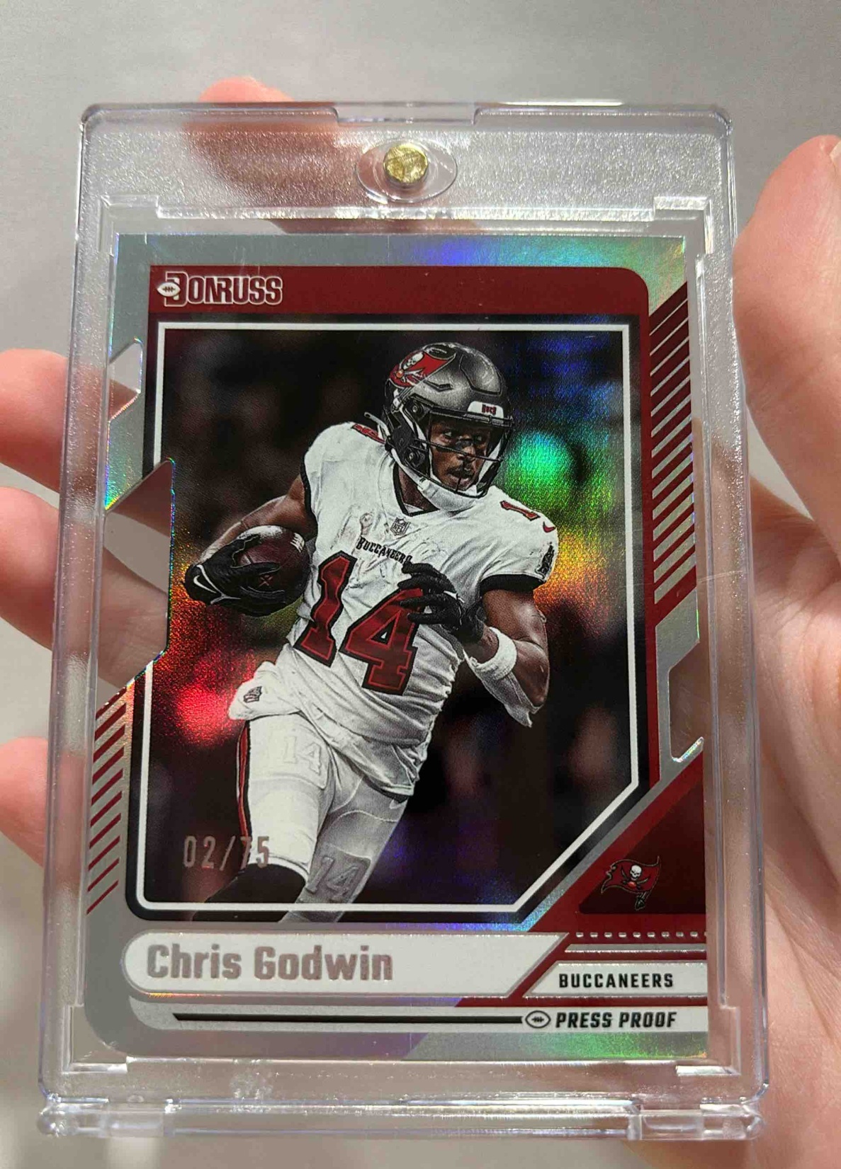 Card image for 2024 Panini Donruss Chris Godwin Press Proof Silver Die Cut /75 #247 Buccaneers