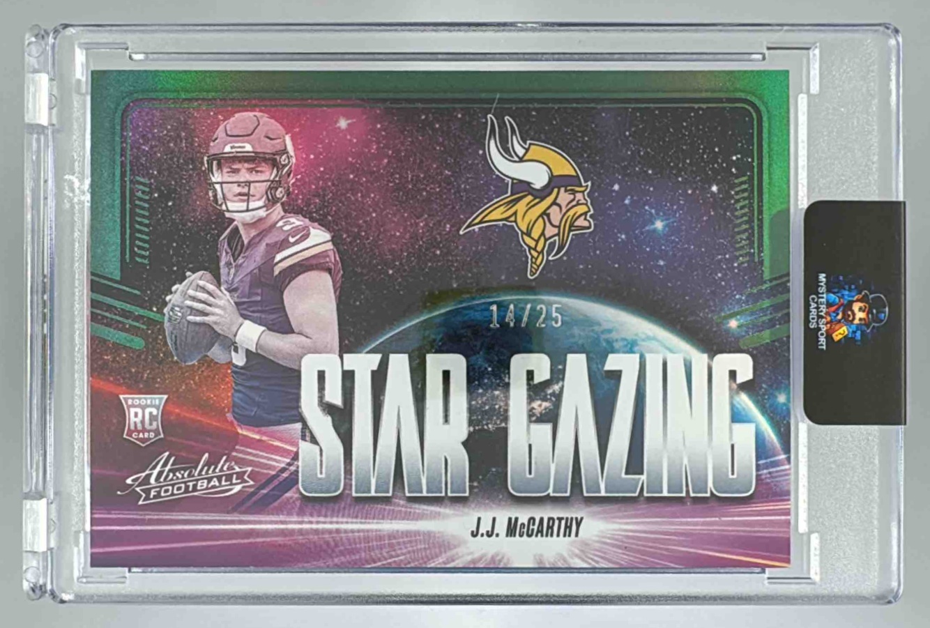 Card image for 2024 Panini Absolute J.J. McCarthy Star Gazing Green Spectrum /25 #SG-JMY RC Vikings