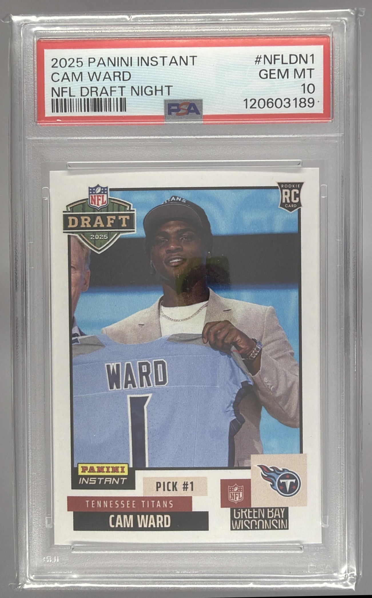 Card image for 2025 Panini Instant NFL Draft Night Cam Ward #NFLDN-1 Prism Rare Titans
