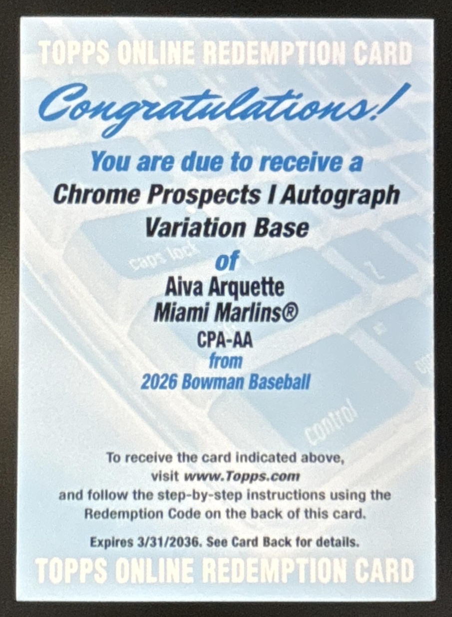 Card image for Aiva Arquette 2026 Bowman Chrome Prospect Auto Miami Marlins