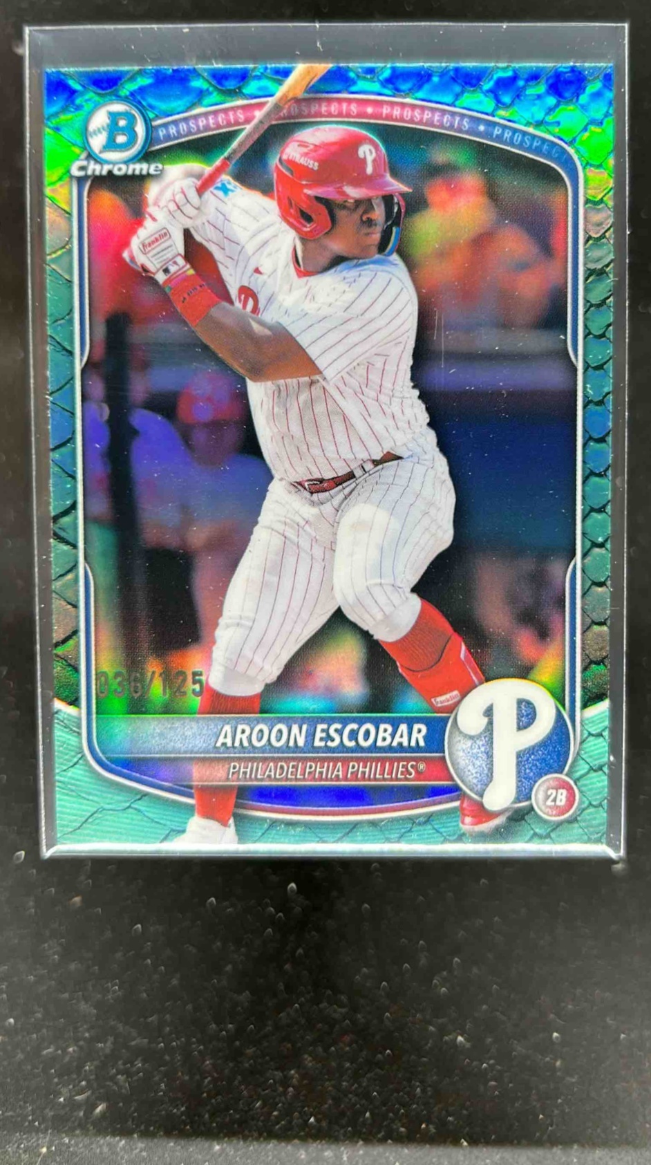 Card image for Aroon Escobar 2025 Bowman Draft Chrome Aqua Reptilian Refractor /125