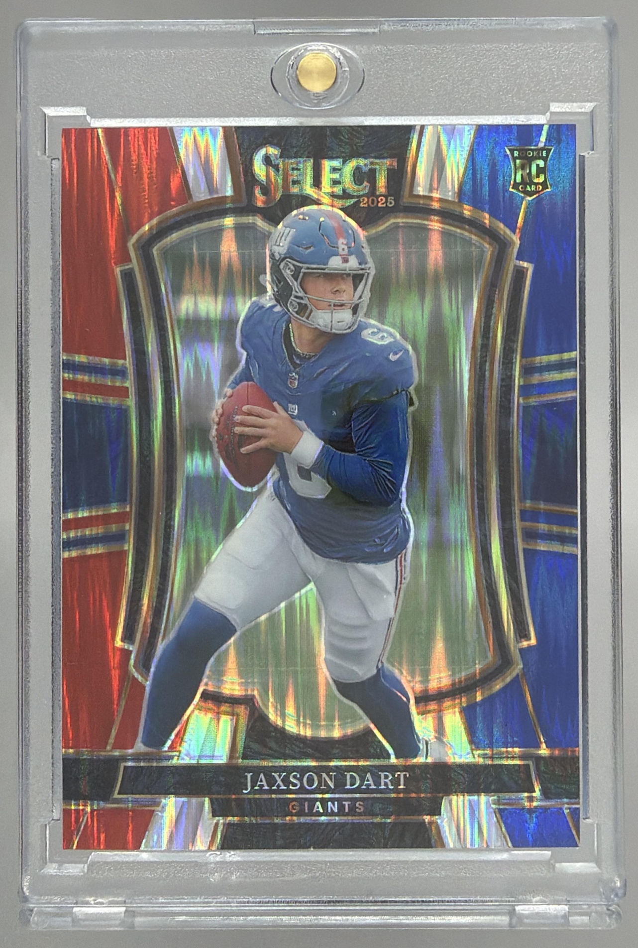 Card image for 2025 Panini Select Jaxson Dart Premier Level Red and Blue Prizm Shock #193 RC Giants