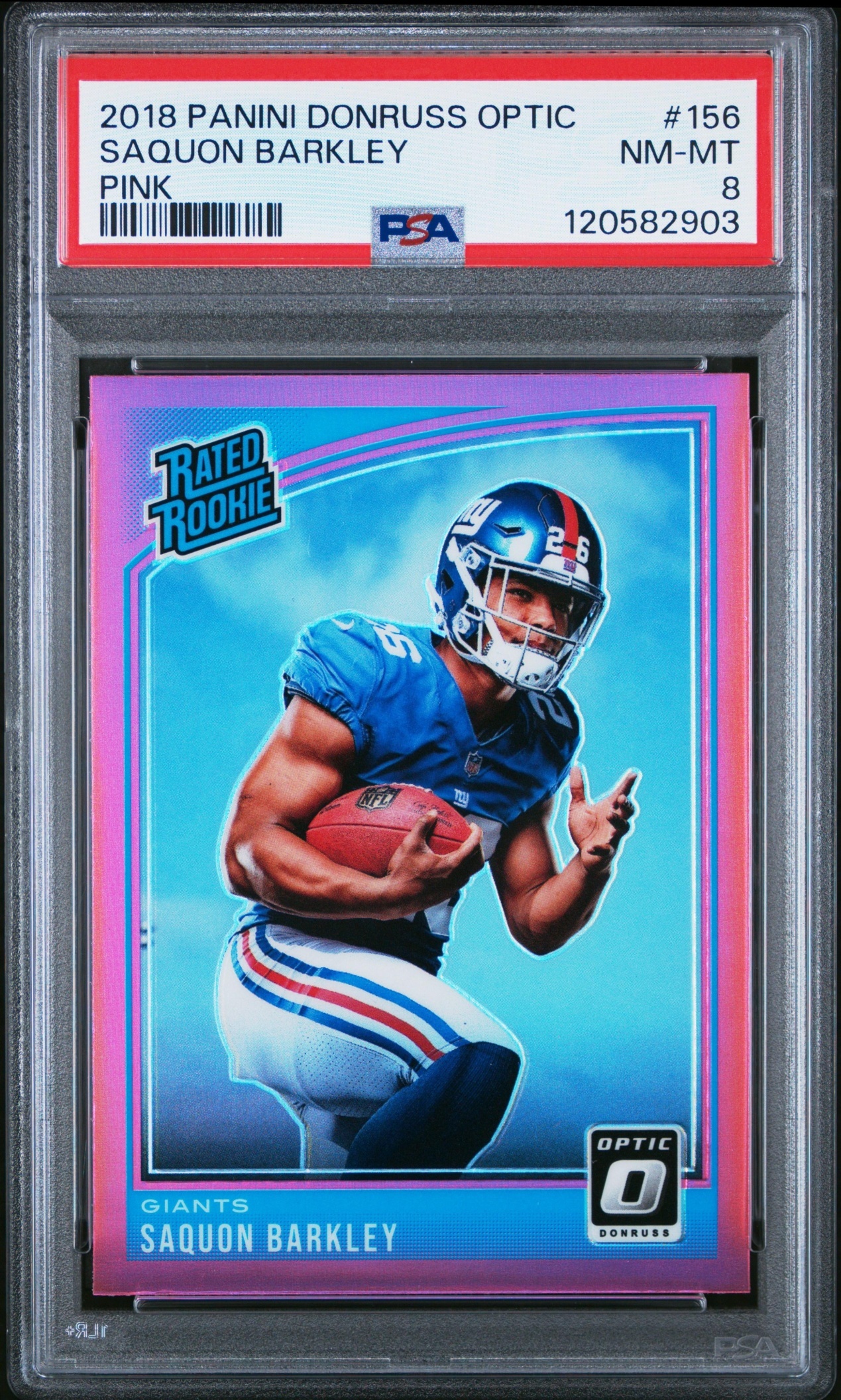 Card image for 2018 Panini Donruss Optic Saquon Barkley Pink Prizm #156 RC Giants