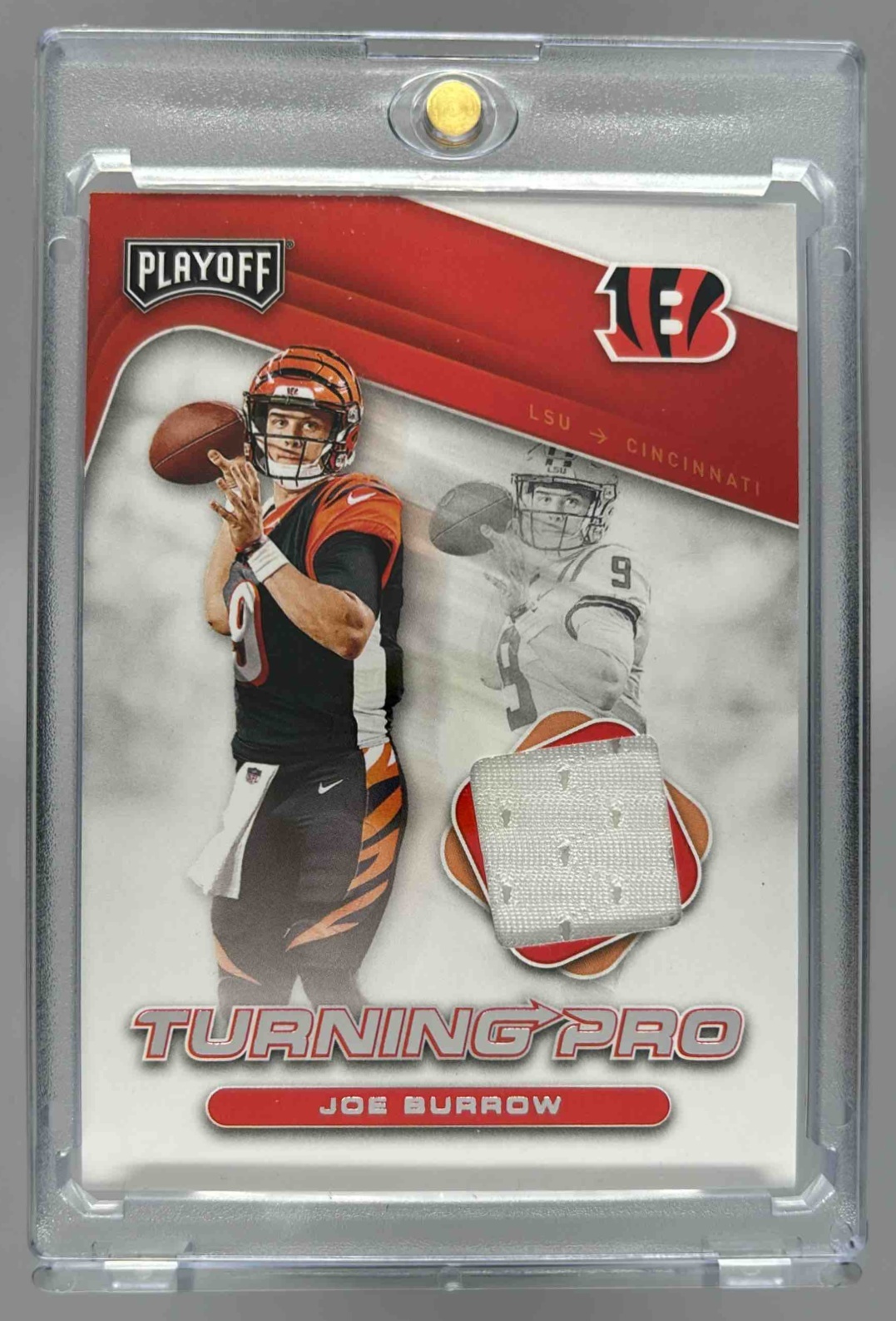 Card image for 2020 Panini Playoff Joe Burrow Turning Pro Memorabilia #TP-1 RC Bengals