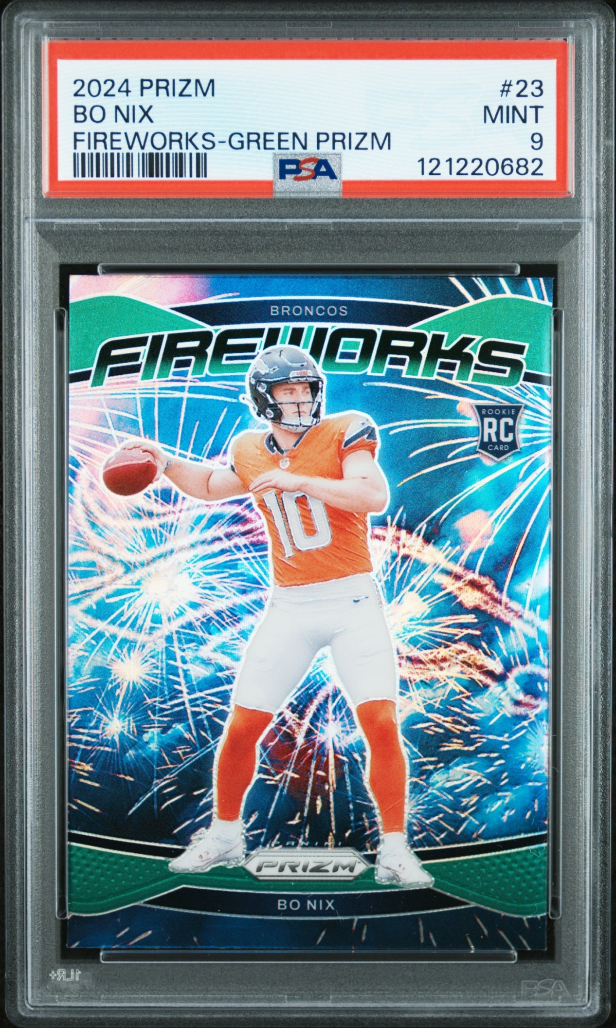 Card image for 2024 Panini Football Prizm Bo Nix Fireworks Green #23 RC Denver Broncos