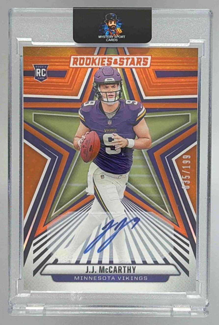 Card image for 2024 Panini Rookies & Stars J.J. McCarthy Rookie Signatures Orange /199 #135 RC Auto Vikings