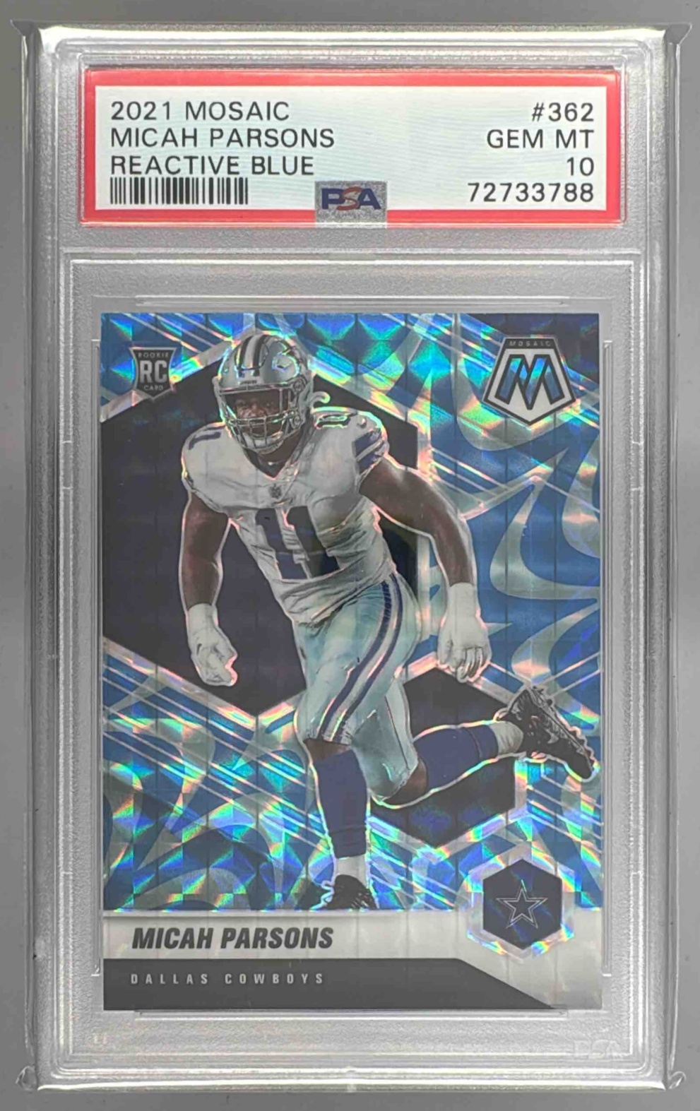 Card image for 2021 Panini Mosaic Micah Parsons Prizm Reactive Blue #362 RC Cowboys