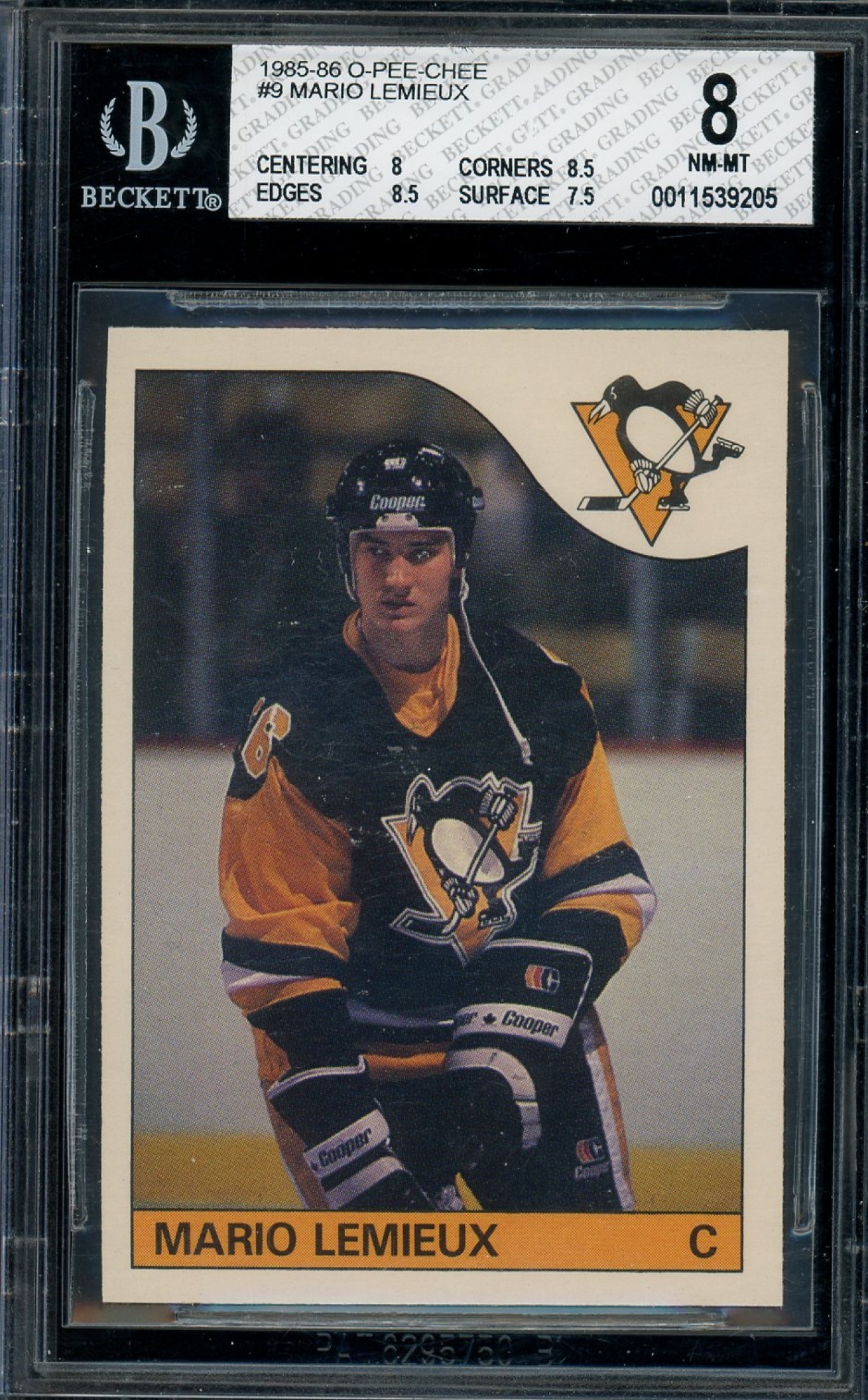 1985-86 O-Pee-Chee Hockey Mario Lemieux #9 RC Pittsburgh Penguins BGS 8