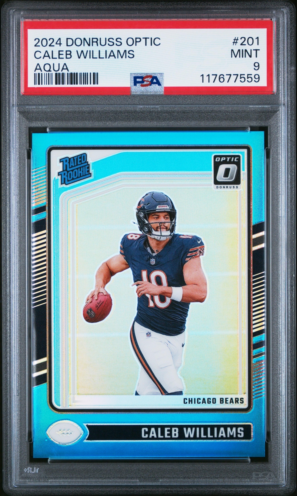 Card image for 2024 Panini Donruss Optic Caleb Williams Aqua /299 #201 Rated Rookie Bears